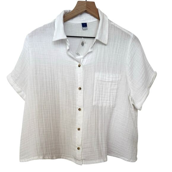 Old Navy White Short Sleeve Button Down Collared Flowy Cotton Coastal Blouse L - Picture 1 of 8